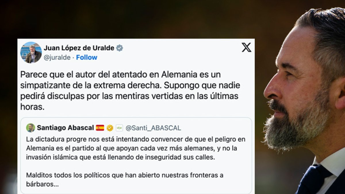 Abascal tira de xenofobia tras el atentado en Alemania y las redes le recuerdan que según las investigaciones el autor era islamófobo y de ultraderecha Abascal tira de xenofobia tras el atentado en Alemania y las redes le recuerdan que según las investigaciones el autor era islamófobo y de ultraderecha