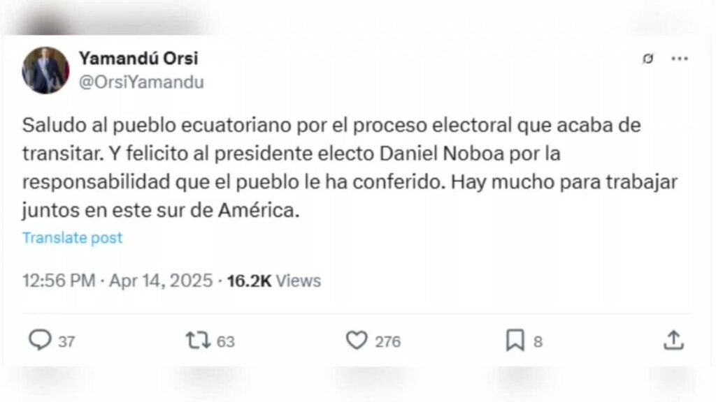 Orsi felicita a Noboa por su victoria en Ecuador: “Hay mucho por trabajar” Orsi felicita a Noboa por su victoria en Ecuador: “Hay mucho por trabajar”